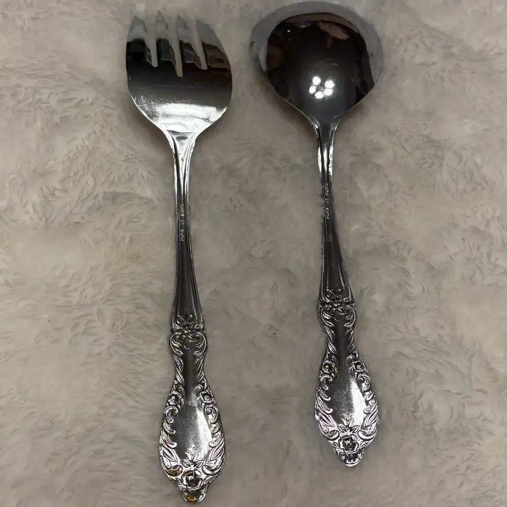 Vintage Louis XV Ornate Rose Flatware Serving Spoon & Fork Set Japan Scrolls